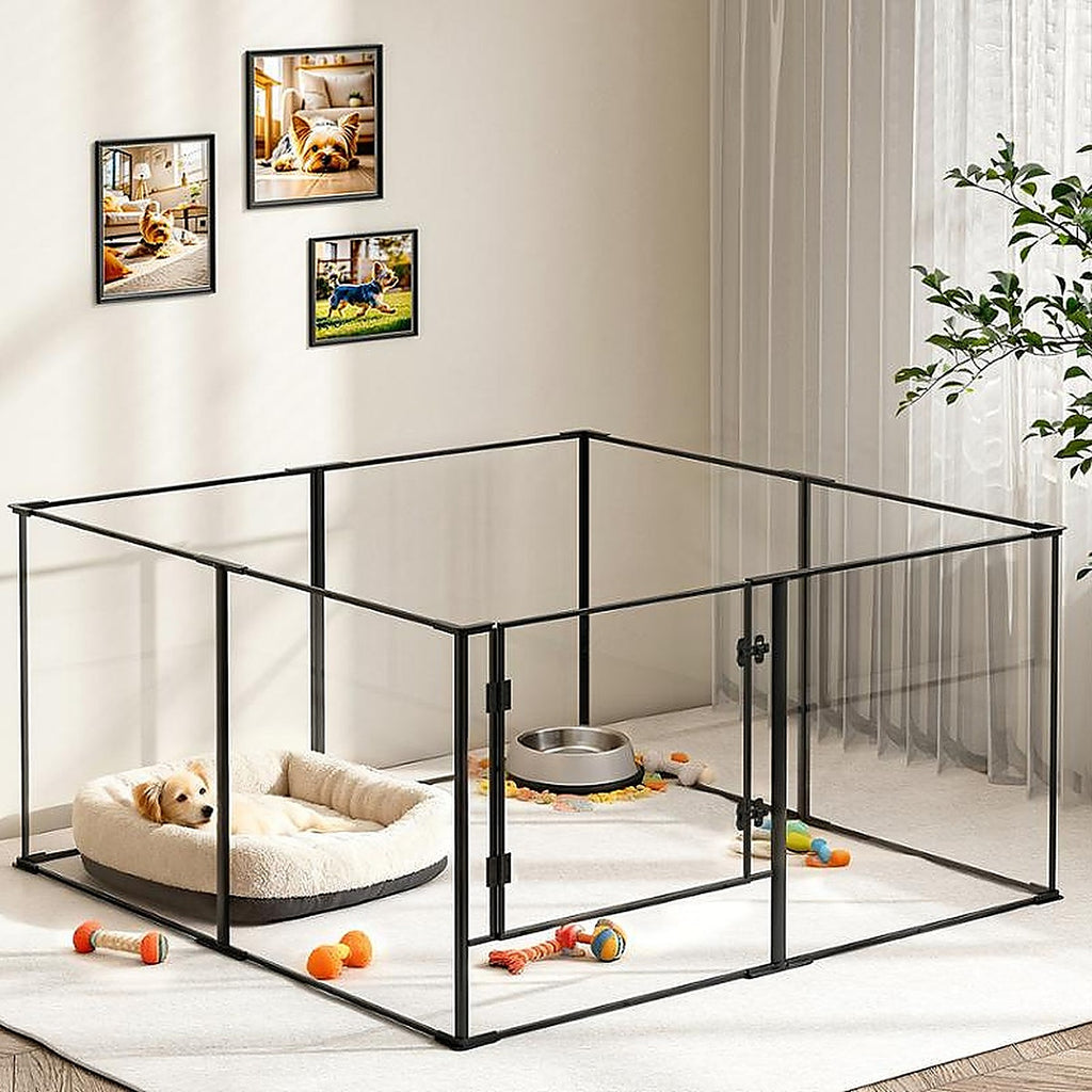 Clear dog playpen for dogs and cats, see-through indoor puppy pen with door