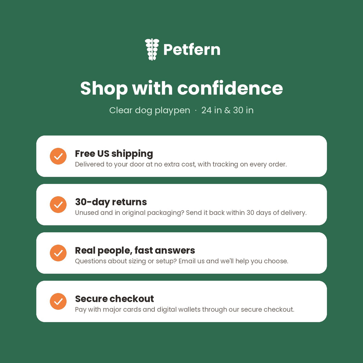 Why Petfern: free US shipping and 30-day returns